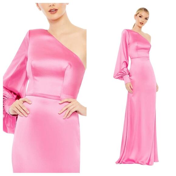 NWT IEENA for MAC DUGGAL Candy Pink One Shoulder Bishop Sleeve Trumpet Gown - Picture 1 of 13